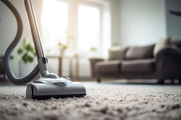 an electric vacuum cleaner on white carpet in living room - obrazy, fototapety, plakaty