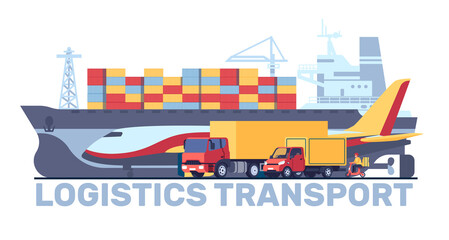 Logistics transport by sea, air and road. Metal containers shipment. Freight delivery. Bulk carrier ship. Cargo airplane and automobile trucks. Courier driving scooter. png concept