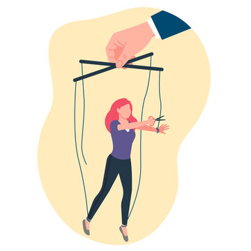 People getting rid of manipulation. Woman cuts threads with scissors. Victim girl tied to puppets hand. Marionette control. Freedom and independence. Manipulator arms. png concept
