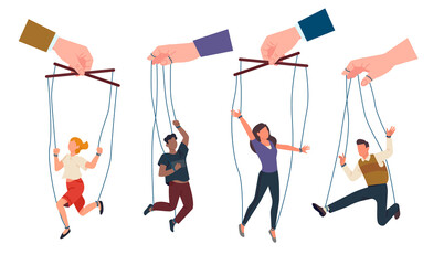 Puppeteers hands control people hanging from ropes. Trapped men or women exploitation. Marionette victim on threads. Domination authority. Abuse leadership. png puppet persons set