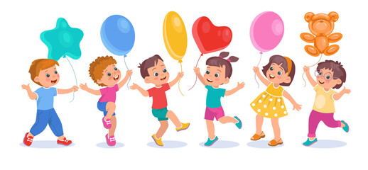 Children with balloons. Cute kids hold different shapes air balloons. Happy girls and boys with helium inflated toys. Birthday party. Funny little people happiness. Splendid png set