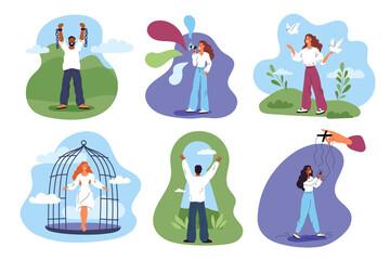 Freedom concept scenes. People released from cell. Man breaks shackles. Woman cuts marionette bonds. Free of speech. Trapped girl leaves cage. Guy looks through keyhole. Garish png set