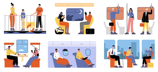 Cartoon passengers. People going in public transport. Urban transportation by bus or train. Boat journey. Long distance and international travel. Citizens get to work. png vehicles set © VectorBum