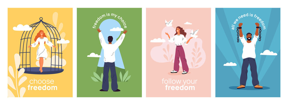Freedom inscriptions cards. People released from cell. Man finding freedom and lightness. Woman getting out of cage. Breaking chains. Free dove. Motivational posters. Garish png set