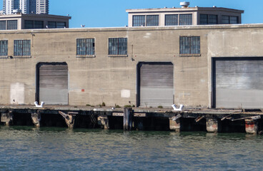 warehouse on pier 33, Image shows the dockside warehouse on a hot day with clear waters and blue...