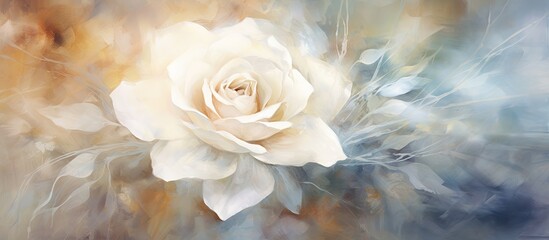 The abstract watercolor painting of a white rose is set against a background of a textured paper enclosed in a beautiful frame highlighting the mesmerizing blend of colors and patterns in t