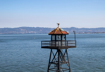 A watchtower on Alcatraz Island, and a view of the water, Alcatraz Federal Penitentiary, Alcatraz...