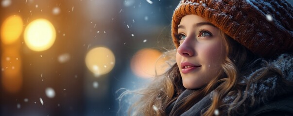 young woman in winter clothes and watching the Snow