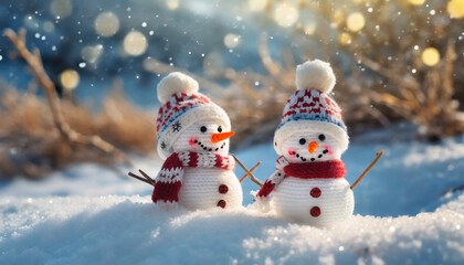 Little knitted snowmans on soft snow