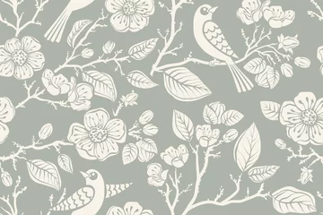 Fototapeten Monochrome seamless pattern with stylized flowers and birds. Simple floral style, climbing plants background. French, Italian textiles, paper, wallpaper © sunny_lion