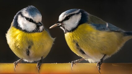 Vibrant blue tits perched atop a metal railing in an outdoor setting