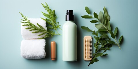 Hair cosmetics. Hair care card with shampoo or conditioner tube with combs, vitamins for health hair, oils, and eucalyptus leaves on white towel on blue background. Mock up of beauty product for hair - obrazy, fototapety, plakaty