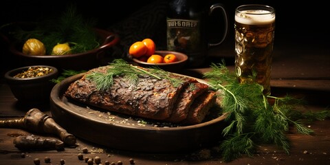 Horizontal, food composition with a open tin of Baltic sprats with spices, a fork, a bottle of dark beer and rye bread on old brown background with place for text. Fish appetizer with beer. - obrazy, fototapety, plakaty