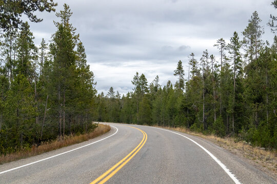 road to the mountains, image shows a bending road heading towards the yellowstone mountains no on the road and a view of the forest either side, with grey clouds above, taken october 2023