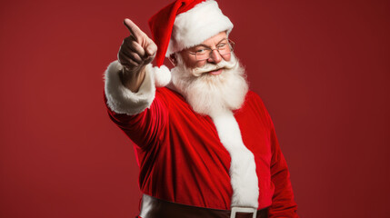 Santa Claus in his iconic red and white attire is joyfully pointing forward with a warm, inviting smile, embodying the spirit of Christmas.