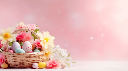 Fototapeta na wymiar Easter basket with eggs and flowers on a pink background.