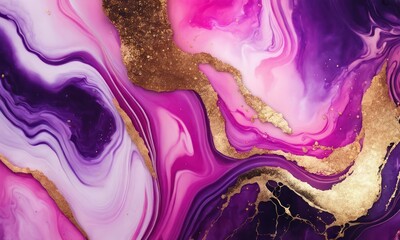 Luxury abstract modern background pink, purple marble texture with golden glitter. Fluid art in alcohol ink technique