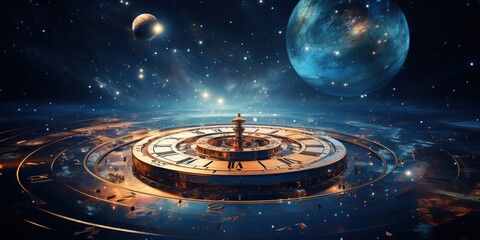 Time travel concept. Time travel clock in cosmos space