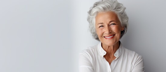 In the white background an older woman with folded arms poses for a portrait her beauty and smile radiating a sense of grace and confidence in her adult years