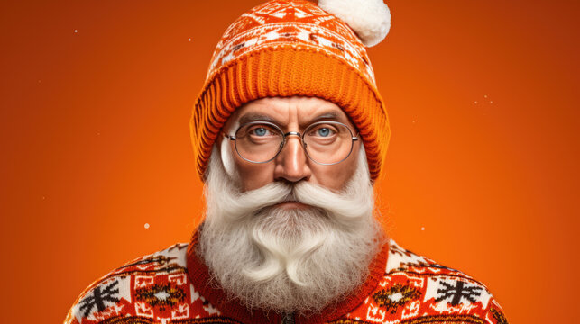 A hipster man dressed in a festive Christmas sweater and Santa hat with a thick white beard, smiling against a solid orange background.