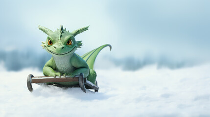 Fototapeta premium Cheerful cartoon green dragon lizard on a sled in winter with copy space. Symbol of 2024.