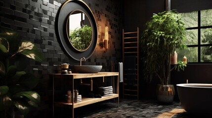 Design black bathroom with zellige wall ceramic tile illustration picture AI generated art