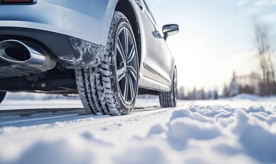 Winter tire. SUV car on snow road. Tires on snowy highway detail. close up view. Space for text. The concept of family travel to a ski resort. Winter or spring holidays adventures