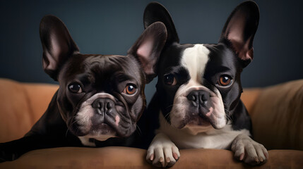 Fototapeta premium French Bulldog and Boston Terrier Mix, Frenchton Love, Generative AI