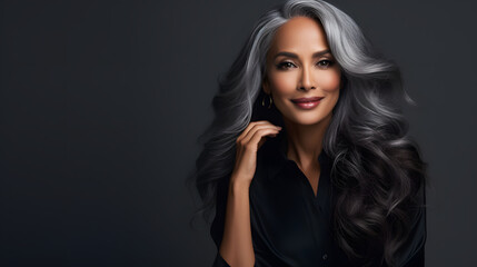 Beautiful black woman with smooth healthy face skin. Gorgeous aging mature woman with long gray hair and happy smiling. Beauty and cosmetics skincare advertising concept