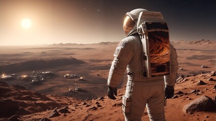 astronaut stands on planet Mars and looks at the new settlement - obrazy, fototapety, plakaty