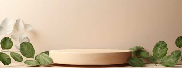 Podium background display 3d wood stand scene beige studio beauty stage platform. Mockup display...