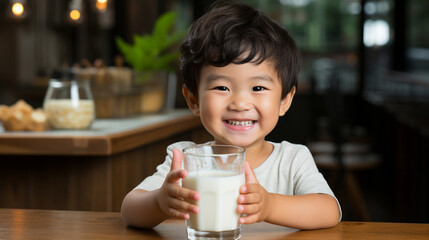 Asian boy drinking a glass of white milk in the kitchen at home. Kid smiling while drinking milk and eating homemade pastries. Milk drink. Concept of healthy eating, dairy and calcium consumption. - obrazy, fototapety, plakaty