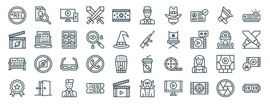 set of 40 outline web cinema icons such as crime file, sci fi, sofa, award, ticket office, projector, film director icons for report, presentation, diagram, web design, mobile app