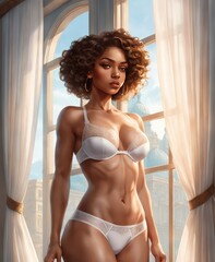 a mulatto woman in a white bra and a panties stands in front of a window with translucent curtains