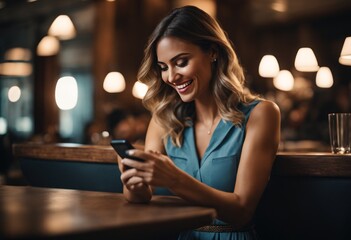Smiling female with long beautiful hair dressed in a trendy clothes chatting on her smart phone, young woman having breakfast in open air cafe while connecting via mobile phone. Online flirting - obrazy, fototapety, plakaty