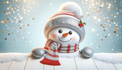 Cheerful digital artwork of a cute snowman wearing a sparkling Santa hat and a warm scarf, peeking over a frosty snow edge against a backdrop of falling snowflakes and golden confetti.