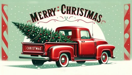 Retro inspired illustration of a classic red pickup truck carrying a lush Christmas tree, complete with festive decorations and a 'Merry Christmas' greeting, set against a snowy backdrop.