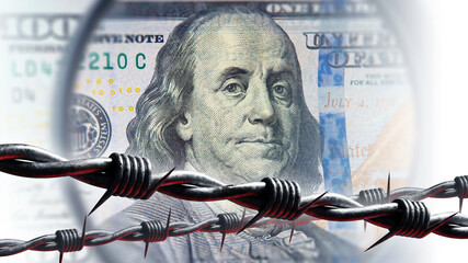 Dollar behind barbed wire. Sanctions for blocking money concept. Fragment of dollar bill. Barbed wire is metaphor for restrictions on use. Ban on using dollar. Refusal from USD. 3d image - obrazy, fototapety, plakaty