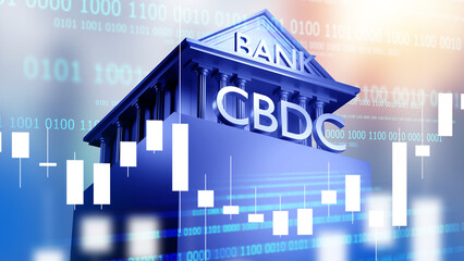 CBDC blockchain. Bank building. CBDC growth chart. Central bank digital currency. CBDC quotes. Blockchain technology. Bank building and binary code. Digital investments. Crypto economy. 3d image