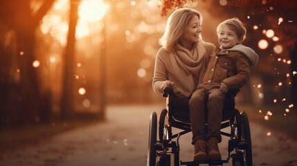 A beautiful little boy with a disability walks in a wheelchair with his mom at sunset. A child with disabilities : - obrazy, fototapety, plakaty