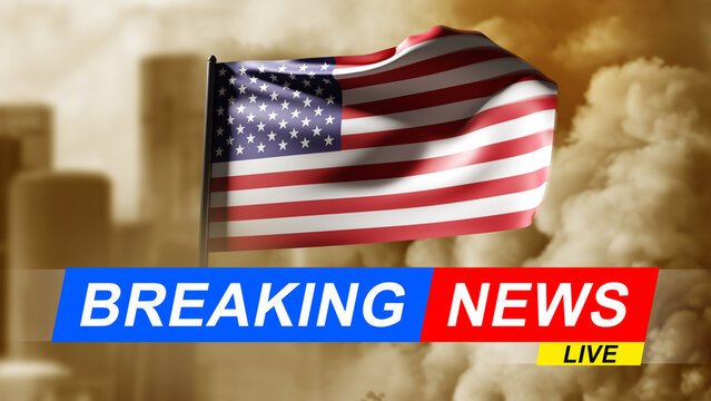 Breaking news from USA. American flag near puffs smoke. Breaking news logo. USA flag near cityscape. Smoke is metaphor for incident or accident in USA. News from United States of America. 3d image