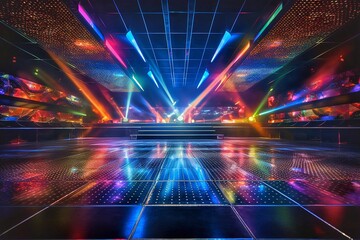 Interior of a night club with laser show and lighting effect. - obrazy, fototapety, plakaty