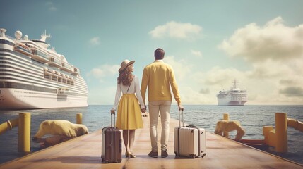 A young couple with suitcases against the backdrop of a cruise ship goes on a sea voyage.  - obrazy, fototapety, plakaty