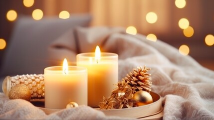 Obraz na płótnie Canvas Cozy Hygge for Christmas: Warm Plaid, Burning Candles, and Festive Decorations on Wooden Tray. Shiny Gold Accents for a Happy and Merry Holiday Season
