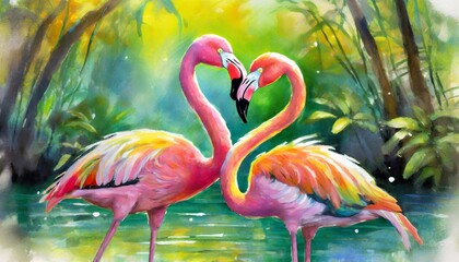Colorful flamingo birds hugging in a pond painting, watercolor style background - obrazy, fototapety, plakaty