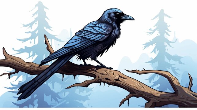 Cute raven, sitting on a tree on a white background, hand drawn