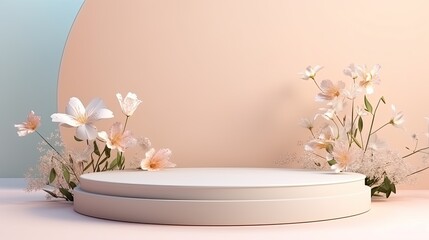 white podium with flowers on light pastel pink background. stage for presentation cosmetic product 