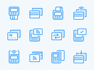 Credit Card and POS Terminal vector line icons. Finance and Payment outline icon set. Money Transfer, Wireless Payment, NFC, Send to Card, Swipe Your Card and more.