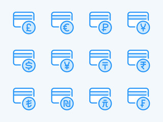 Credit Card and International Currencies vector line icons. Finance and Payment outline icon set. Dollar, Euro, Pound, Yen, Ruble, Frank, Lira and more. - obrazy, fototapety, plakaty