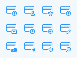 Credit card and Card services vector line icons. Finance and Payment outline icon set. Notification, New Message, Balance, Pending, Edit, Protection and more.